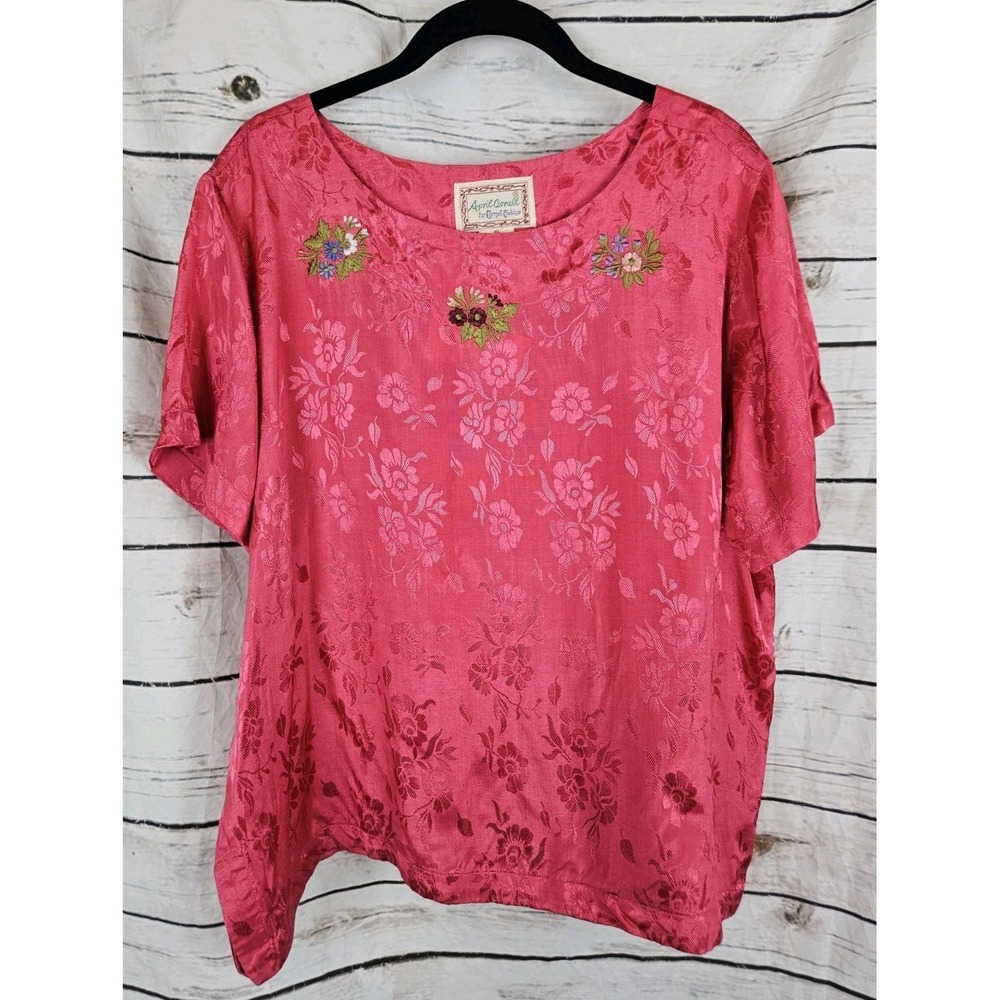 Vintage April Cornell Pink Embroidered Top XL 90s Rayon NEW Y2K Cottagecore